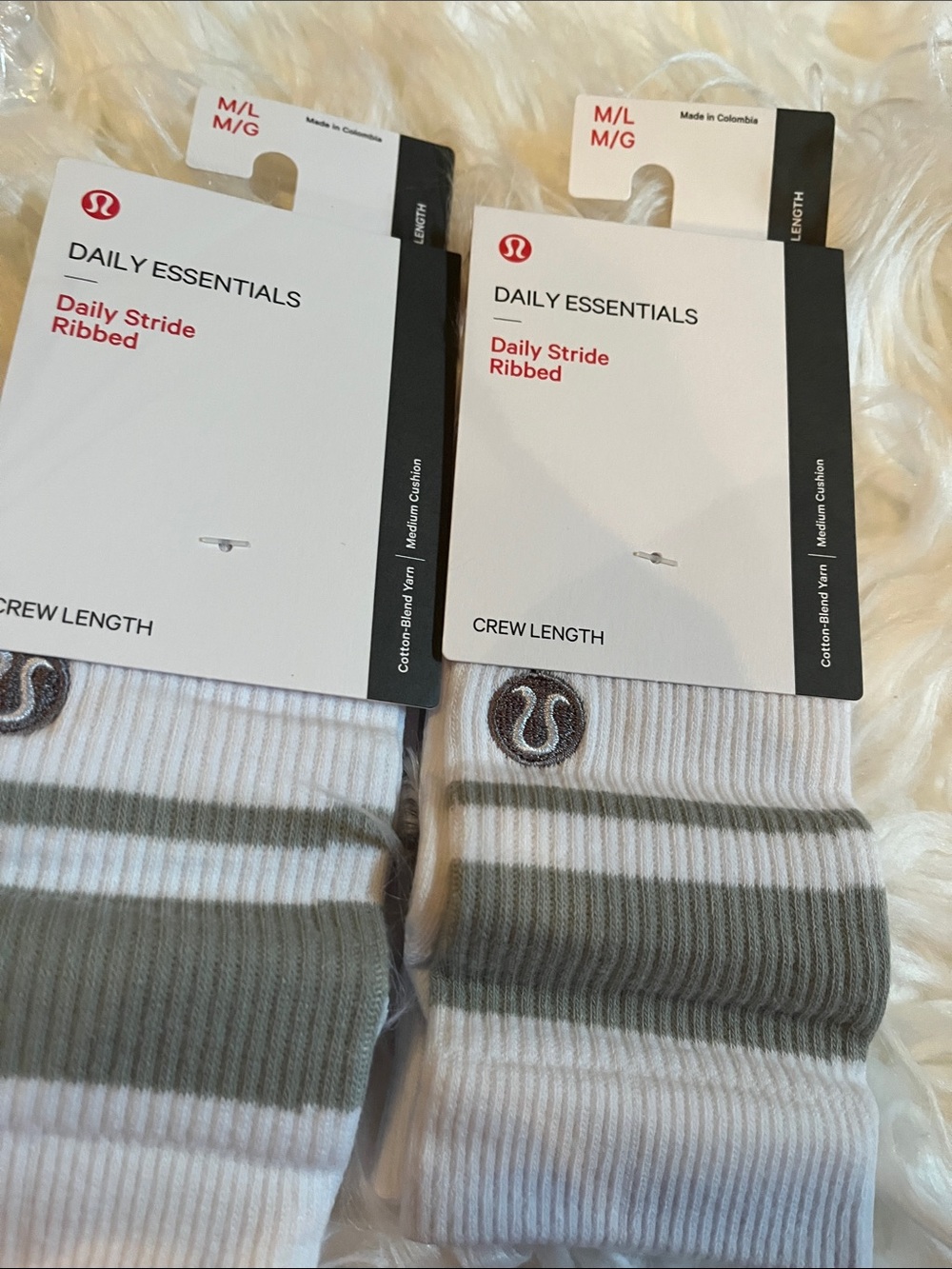 lululemon athletica Daily Essentials Crew Socks - White with Olive Stripes